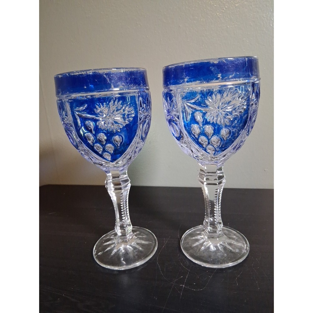 Anna Hutte  Bleikristall COBALT BLUE CUT -  CLEAR FLORAL TEARDROPS GOBLET 7 1/8"
